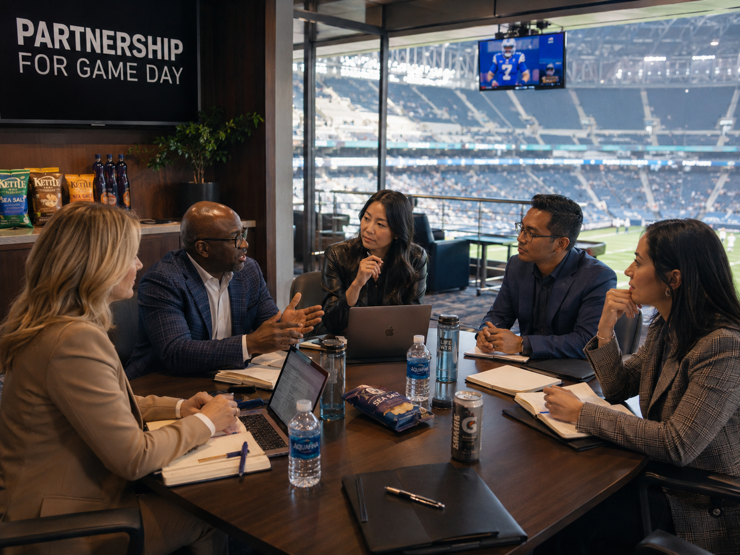 A diverse group of five business professionals discussing in a conference room with a view of a football stadium outside.