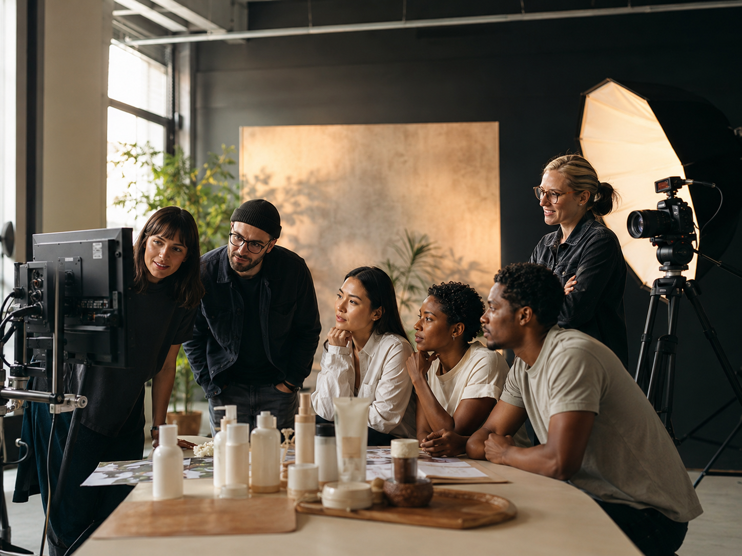 People in a photography studio watching a monitor, with professional camera and lighting equipment, and skincare products on a table.