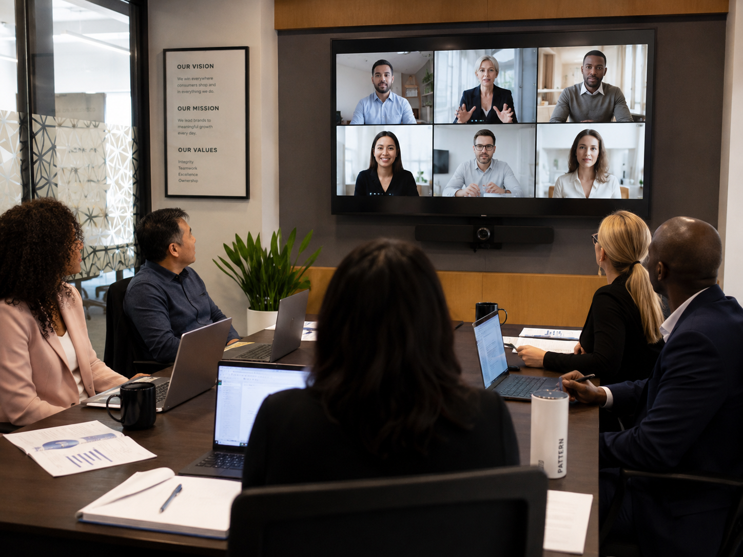 People attending a video conference meeting in a modern office conference room, with five participants in person and six on a large screen, engaged in discussion.