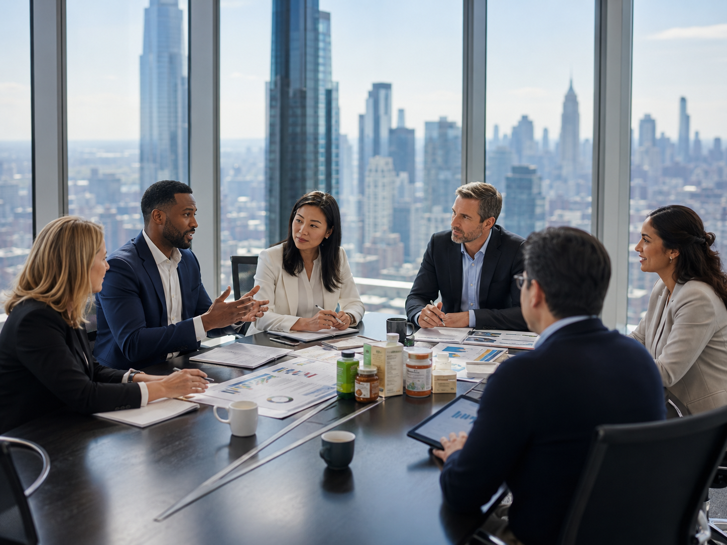 Business meeting with six professionals around a table in a skyscraper office, city skyline in background.