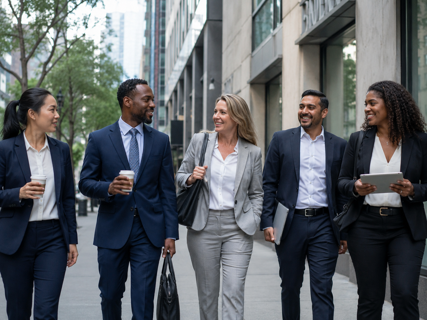 A diverse group of five business professionals walking and talking on a city sidewalk, smiling and holding coffee cups, dressed in formal business attire.