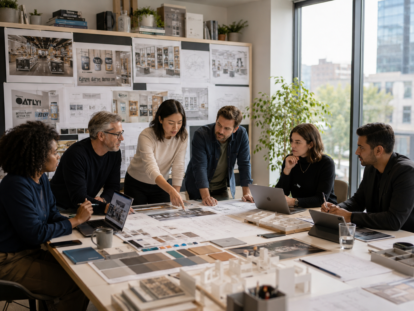 A group of six diverse professionals gathered around a large table covered with architectural plans and design samples in a modern office. One woman is standing, pointing at the plans, while the others are seated, working on laptops and taking notes. The office has large windows with a city view and a wall covered with design boards and sketches.