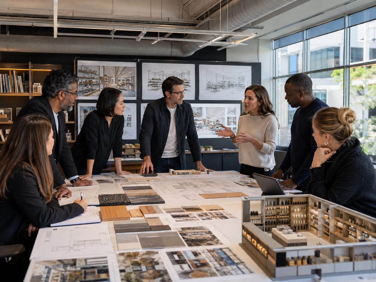 A diverse group of people in a modern design office, gathered around a table with architectural plans, discussing a project.