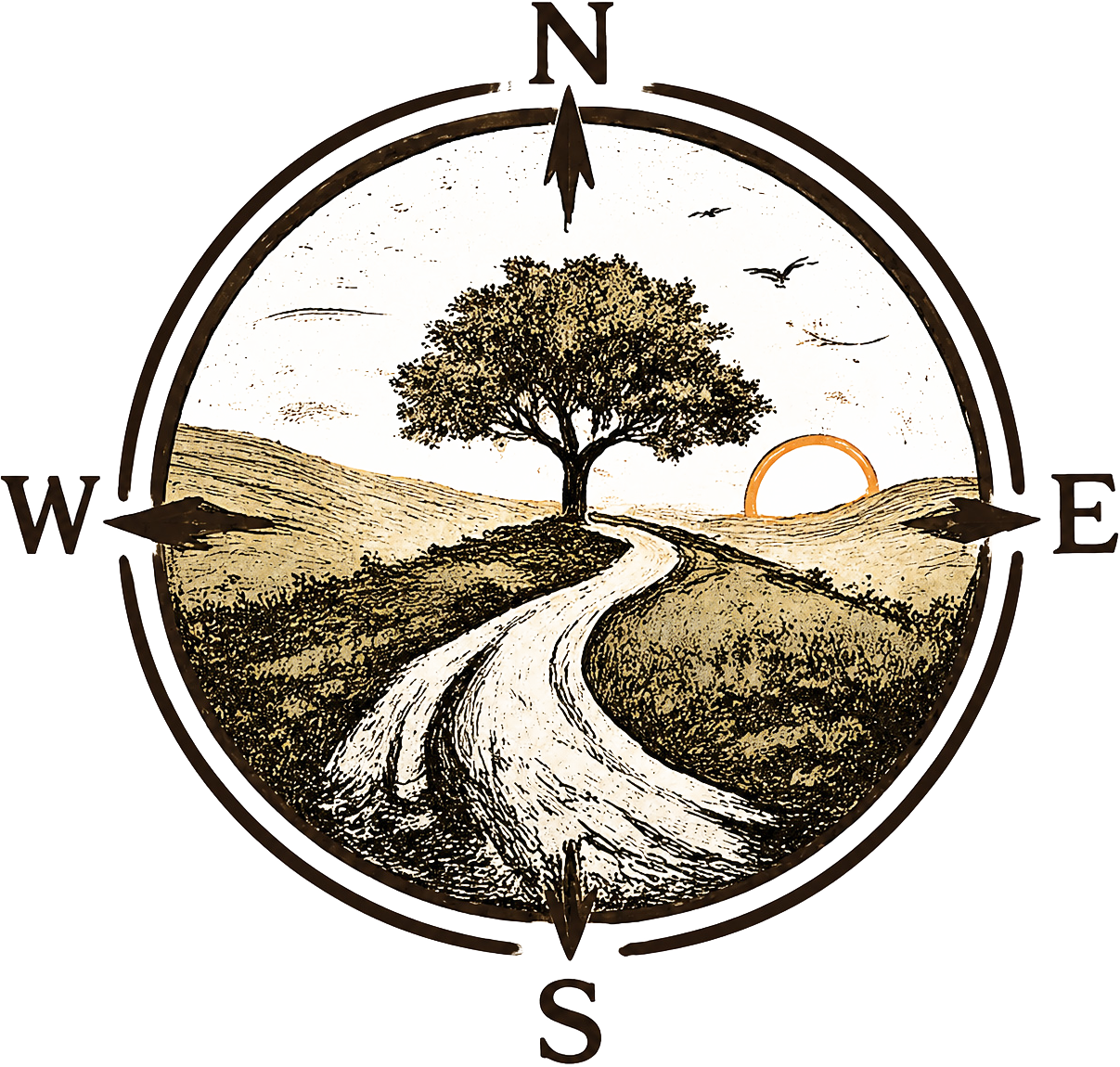 hand sketched compass, country road running thru center with tree and sunset in background