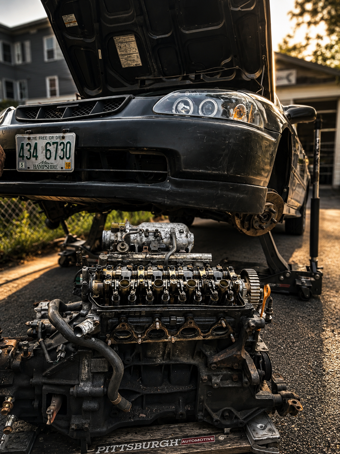 A black sports car with the front wheels and engine removed, raised on a hydraulic lift, with a disconnected engine placed on the ground in front of it, set outdoors during sunset.