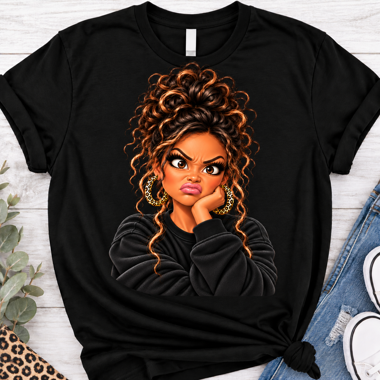 Annoyed Curly-Haired Girl T-Shirt Flat Lay.png