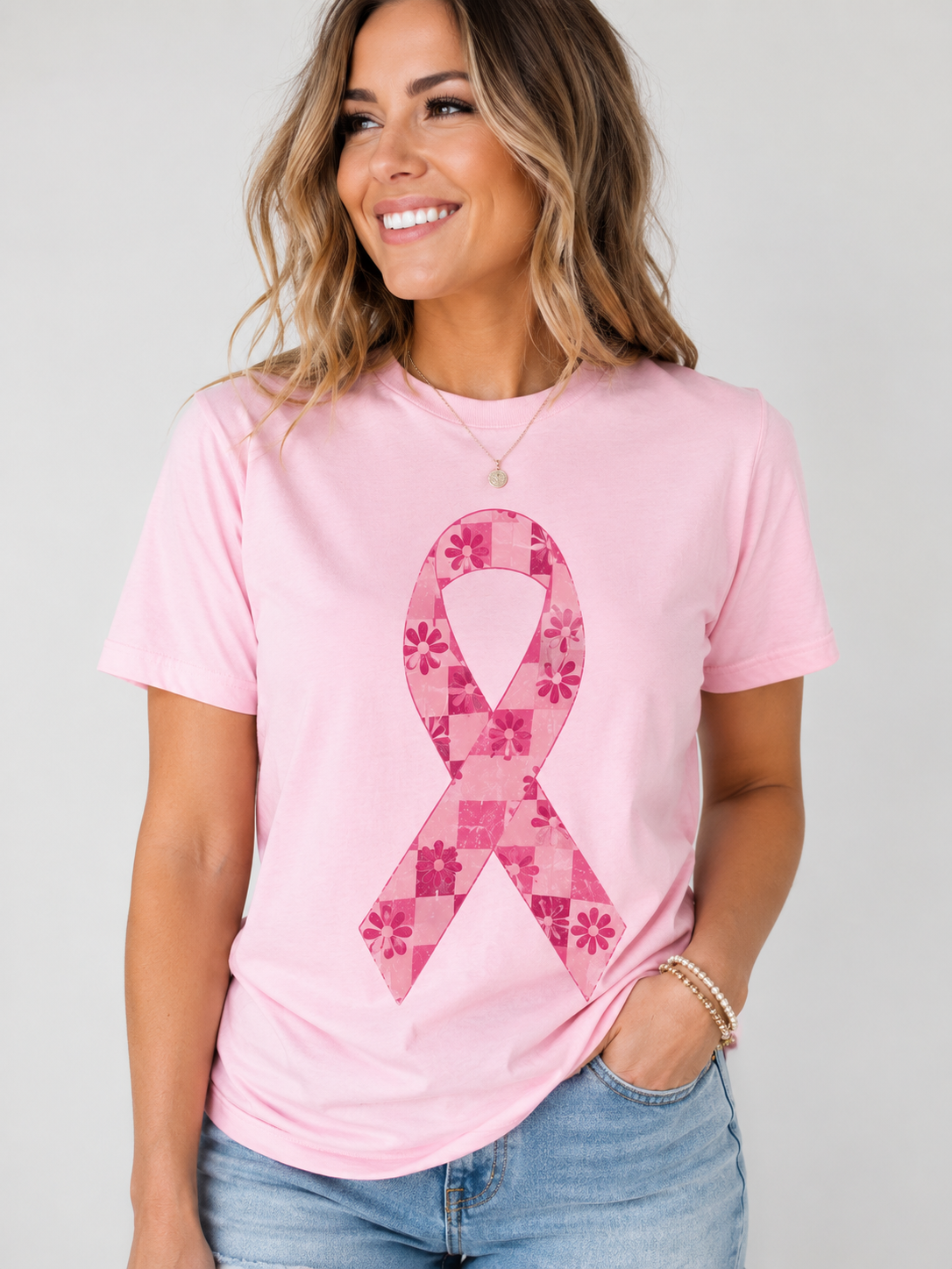 Smiling Woman in Pink Ribbon T-Shirt.png
