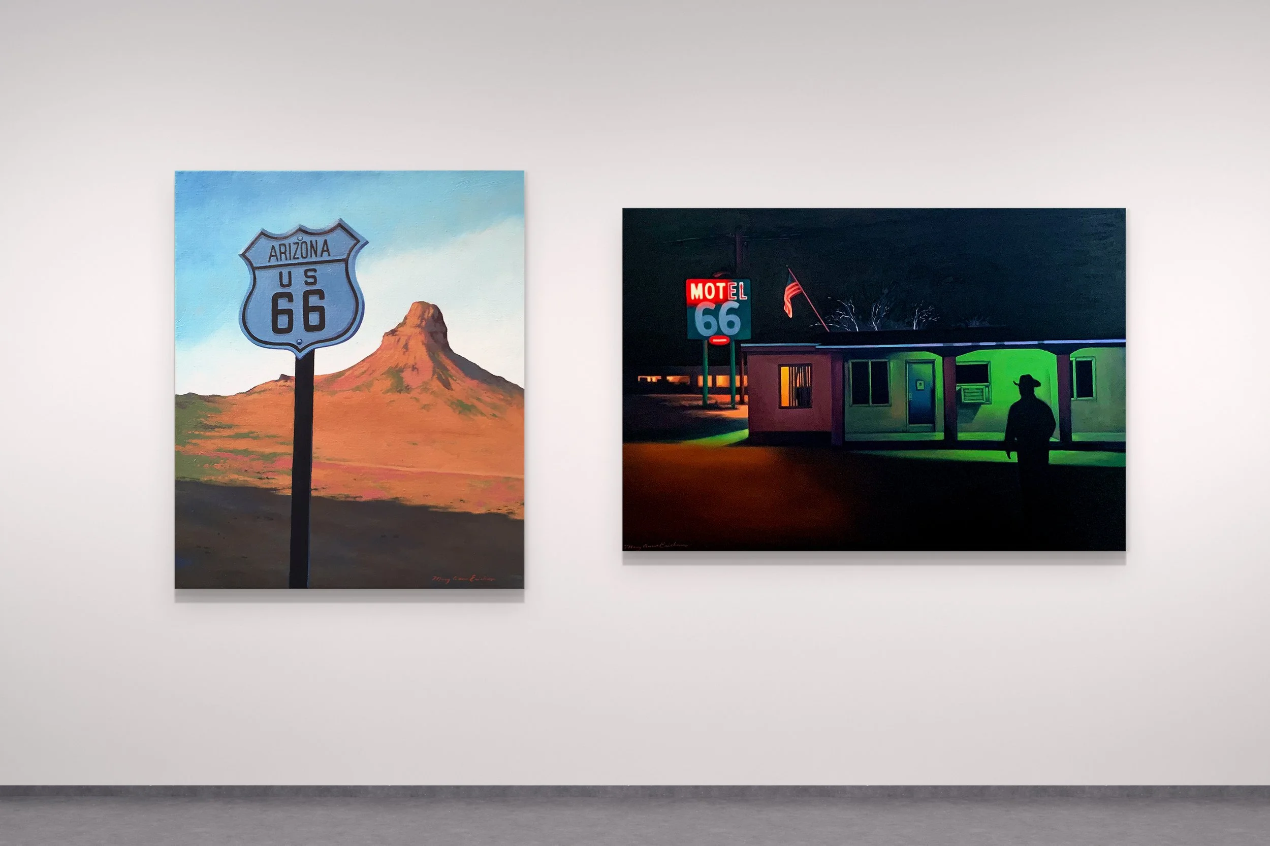 Arizona Route 66 from Cool Springs | oil on linen | 20x24” | on left

Rt 66 Cowboy | AZ | 36” x 24” | oil on canvas
on right