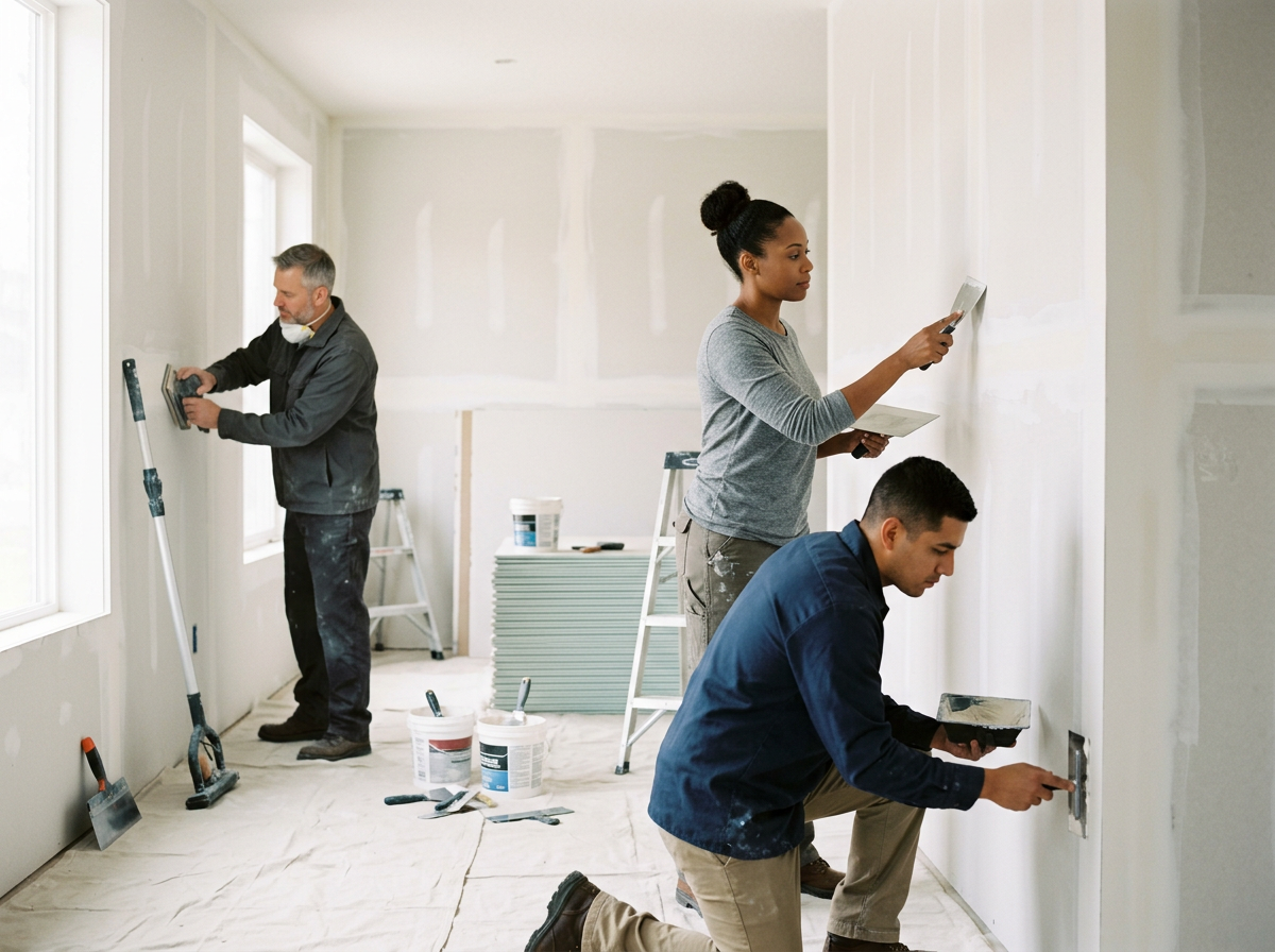Three people working on painting and drywall in a room under renovation. One person is sanding near a window, another is applying paint to the wall, and the third is working on an electrical outlet.