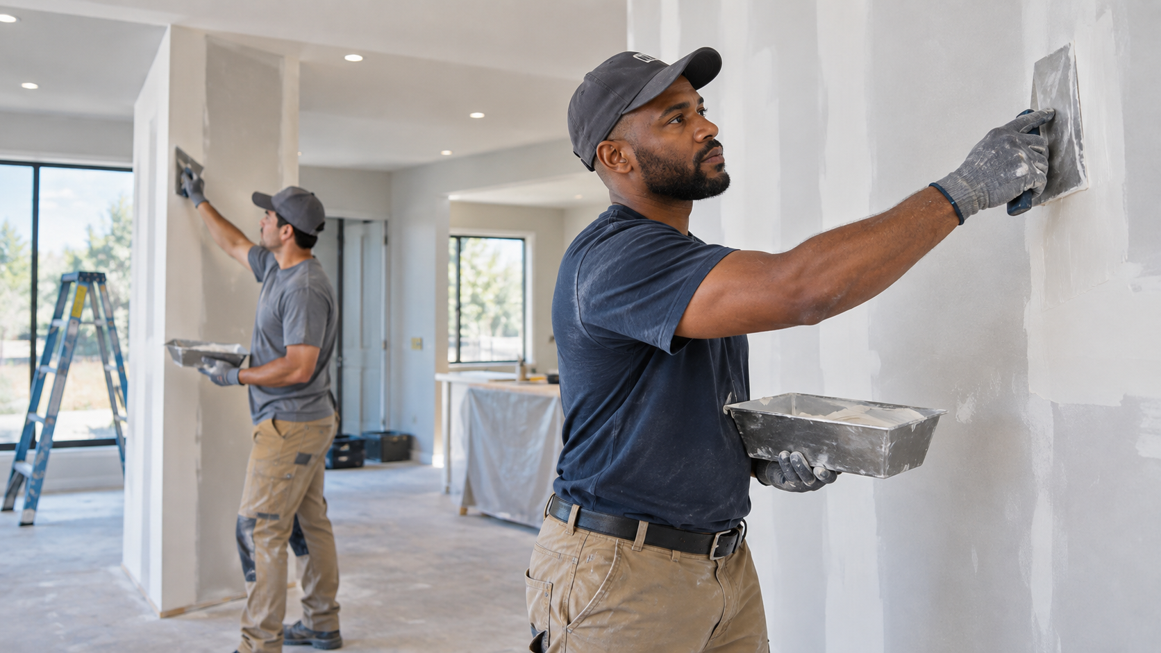 Two men renovating a room with drywall. One man is sanding the wall while the other is painting or preparing the wall, both using tools.