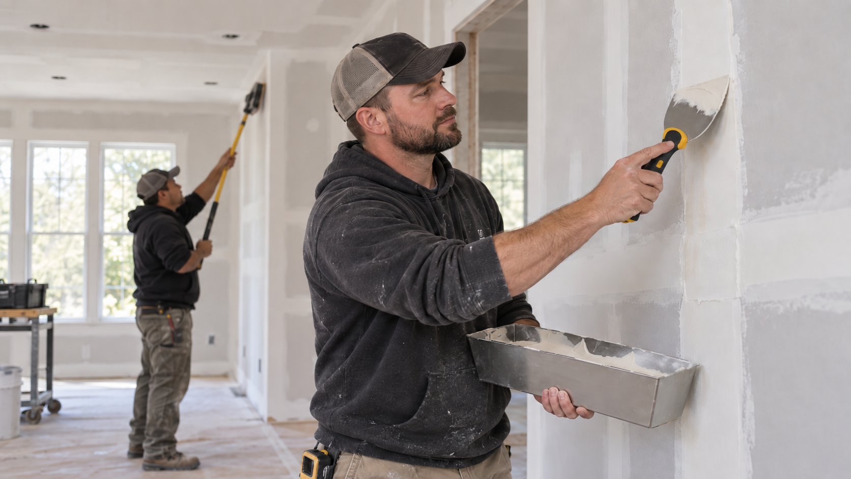 Two men working on drywall in a room under construction or renovation. One man is applying joint compound to the drywall with a putty knife, and the other man is reaching up with a tool, possibly a paint roller or roller frame, to work on the ceiling or upper part of the wall.