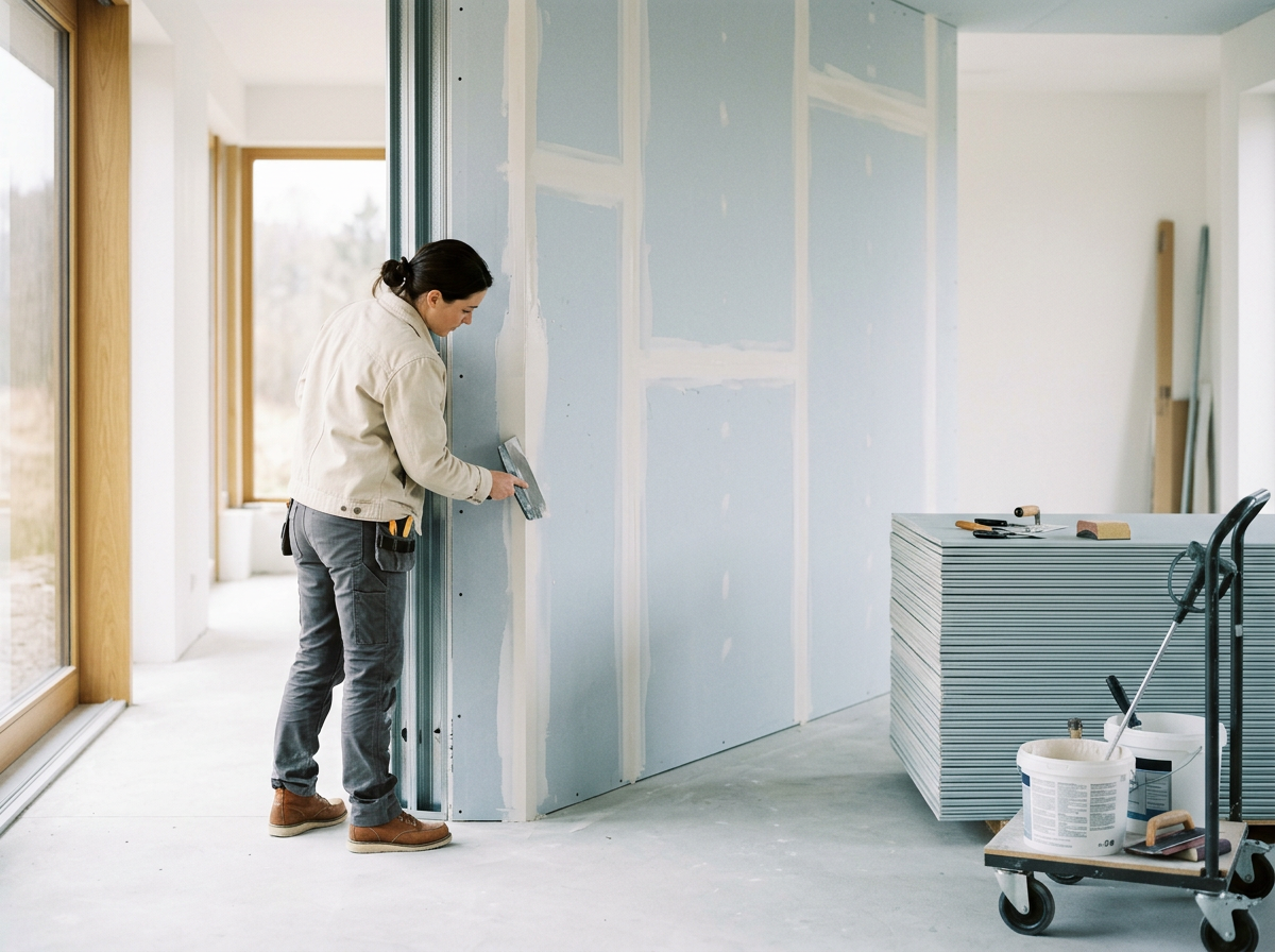 A woman in work clothes smoothing drywall in a room under construction with tools and materials nearby.