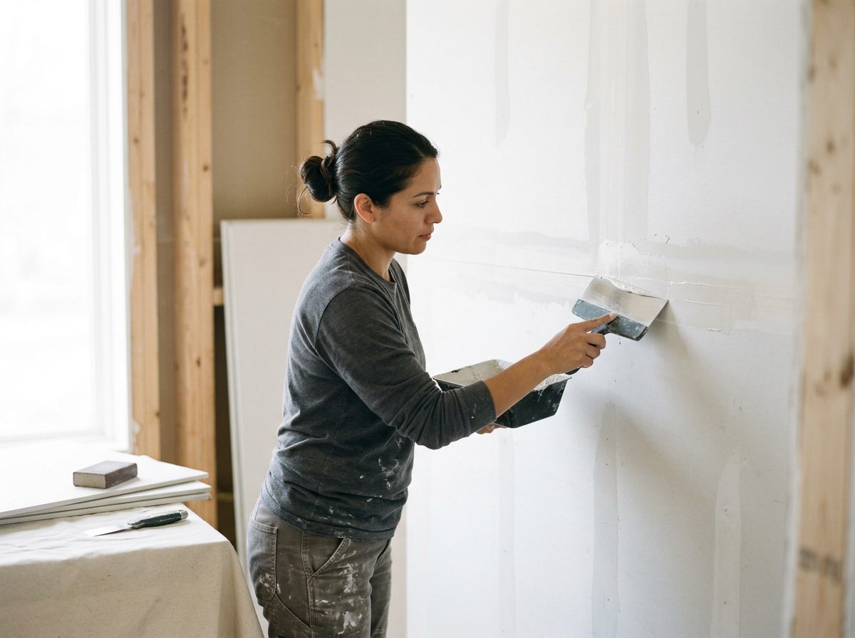 Woman smoothing drywall with a trowel in a room under construction.