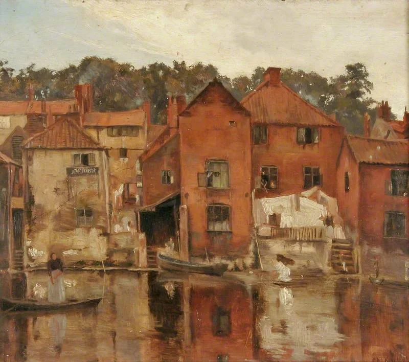 Catherine Maude Nichols painting of old buildings along a canal with boats, and a woman standing on the dockside, under a cloudy sky.