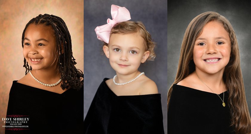 Three young girls dressed in black with pearl necklaces, each smiling, posed for portraits against different backgrounds.
