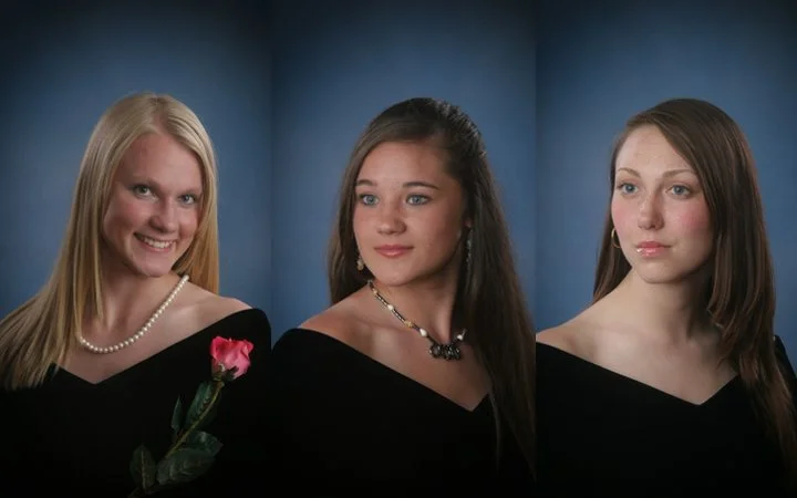 Three graduating seniors wearing hand-sewn black velvet Senior Drapes for traditional graduation and yearbook portraits