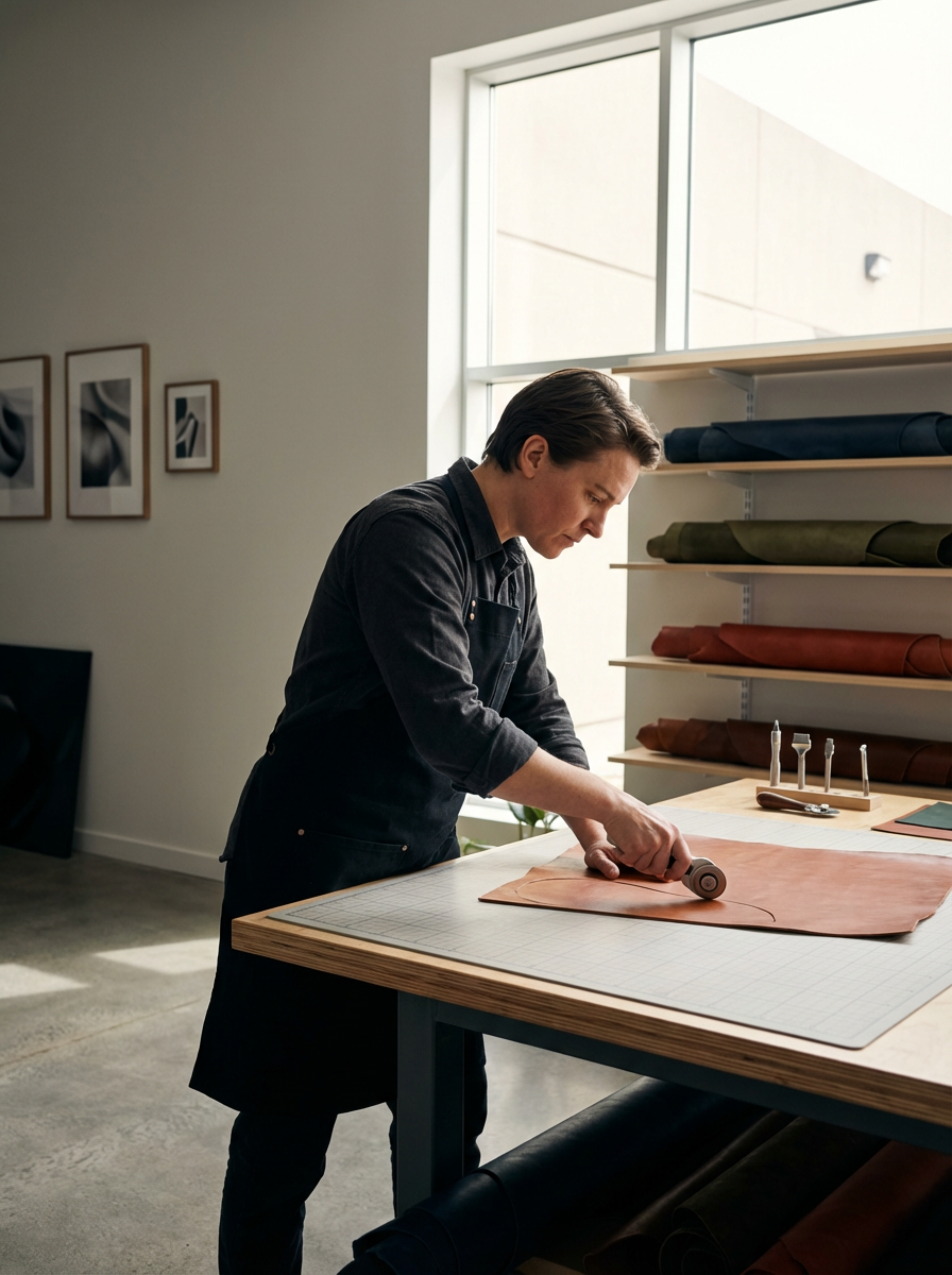 A man working on a leather crafting project in a well-lit workshop, rolling out leather on a large cutting mat.