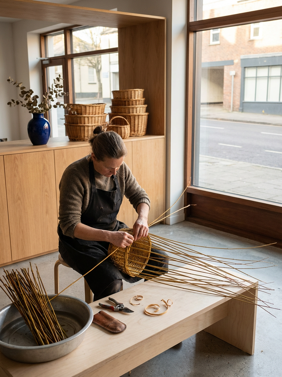 A woman working on weaving or basketry in a craft studio with wooden furniture, baskets, and large windows during daytime.