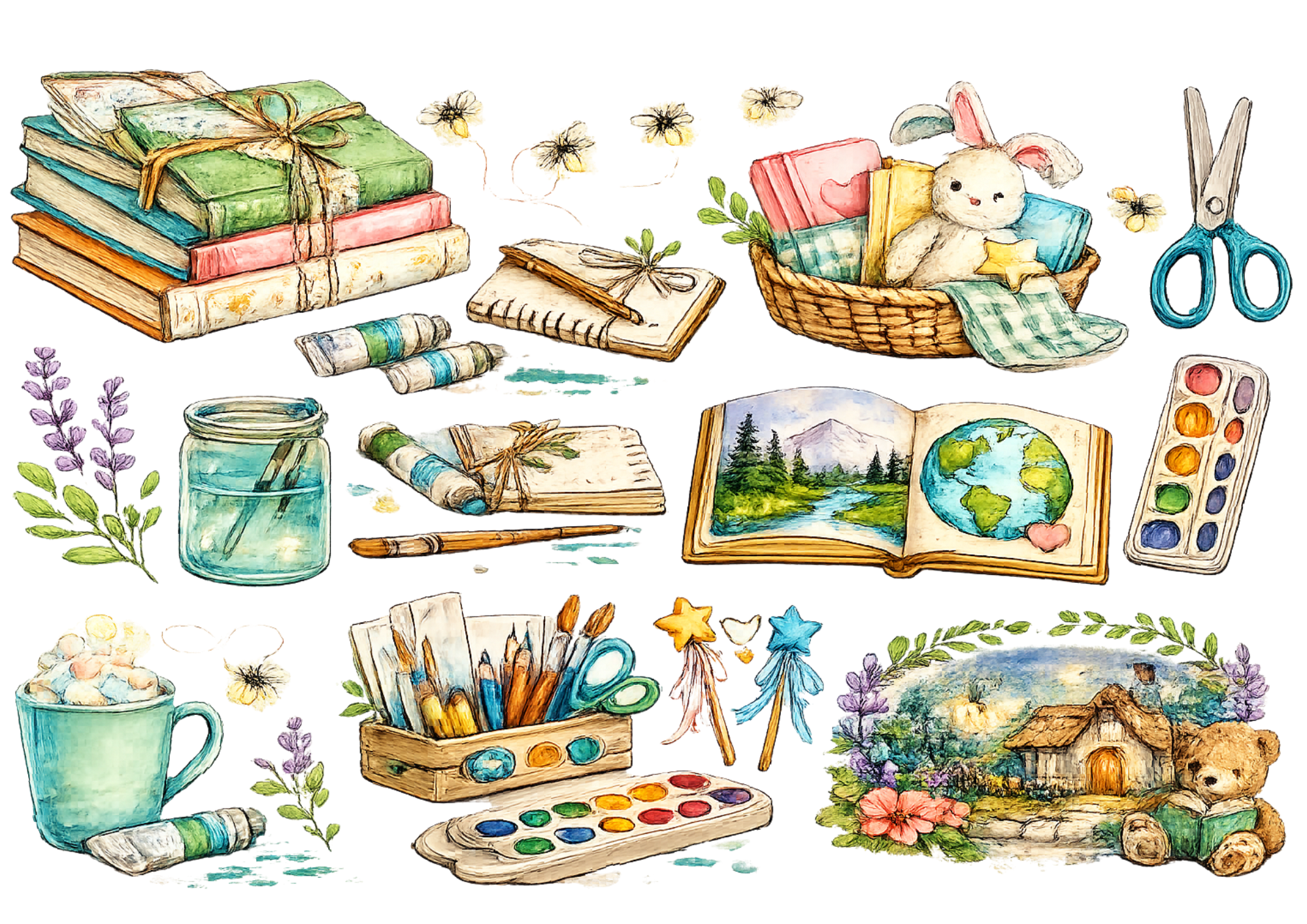 Watercolor painting featuring art supplies like paintbrushes, watercolor paints, a sketchbook, and scissors, along with nature-themed items including lavender, a jar of water, and landscape paintings.