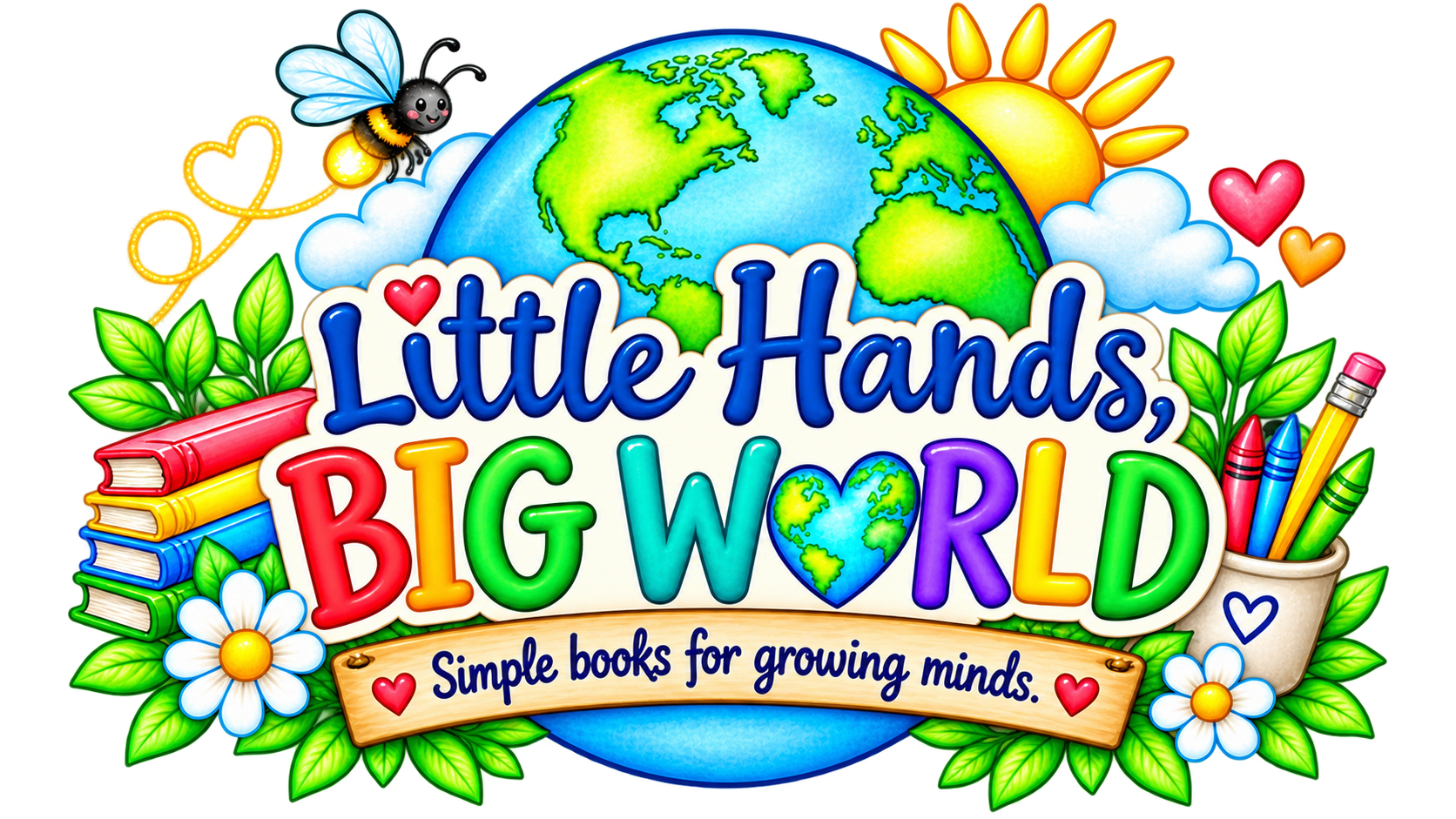 Colorful children's book cover titled "Little Hands, Big World" with a globe, sun, clouds, hearts, books, flowers, and crayons.