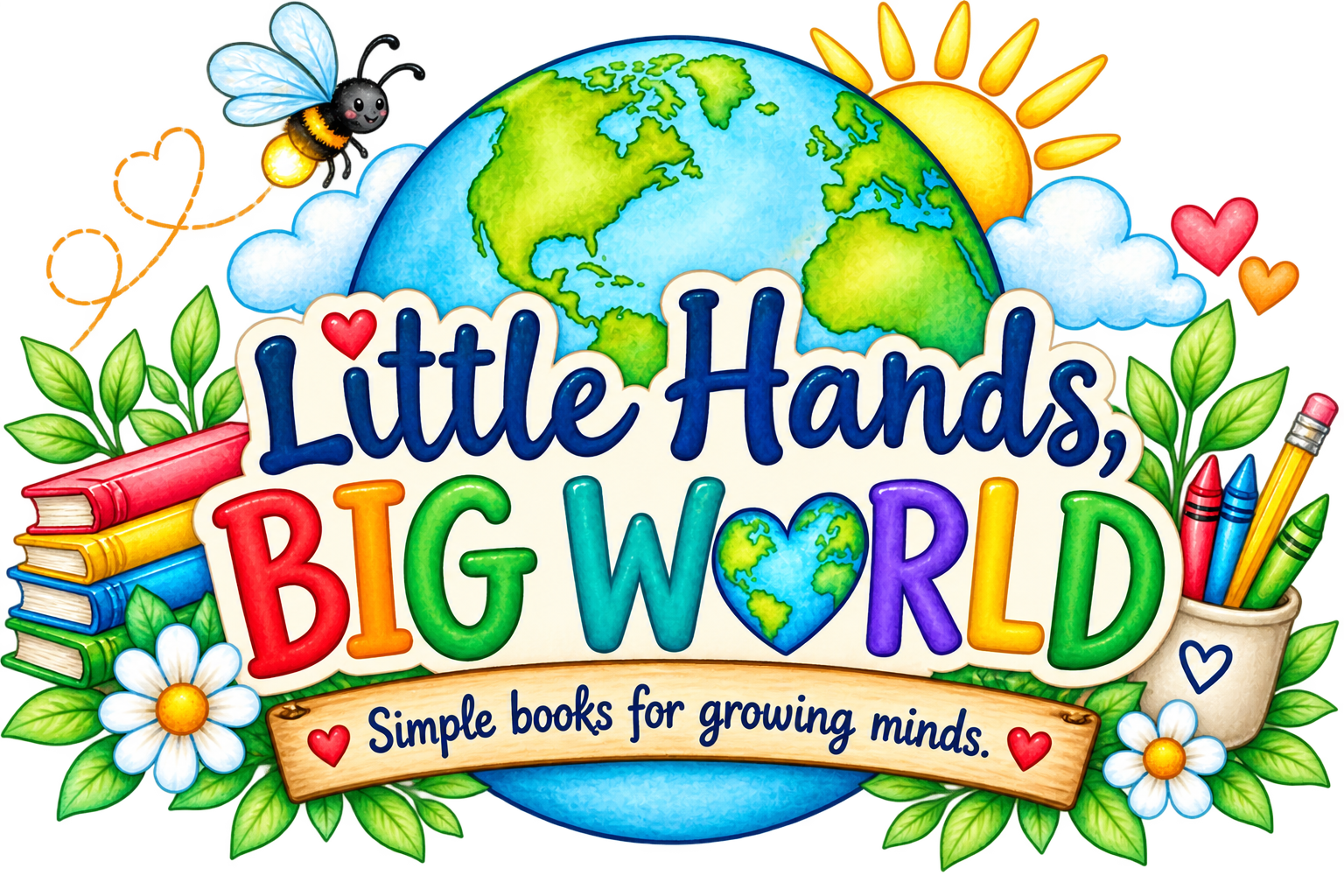 Colorful children's book cover titled 'Little Hands, Big World' with illustrations of the earth, sun, clouds, a bee, books, leaves, flowers, drawing pencils, and a banner that says 'Simple books for growing minds.'