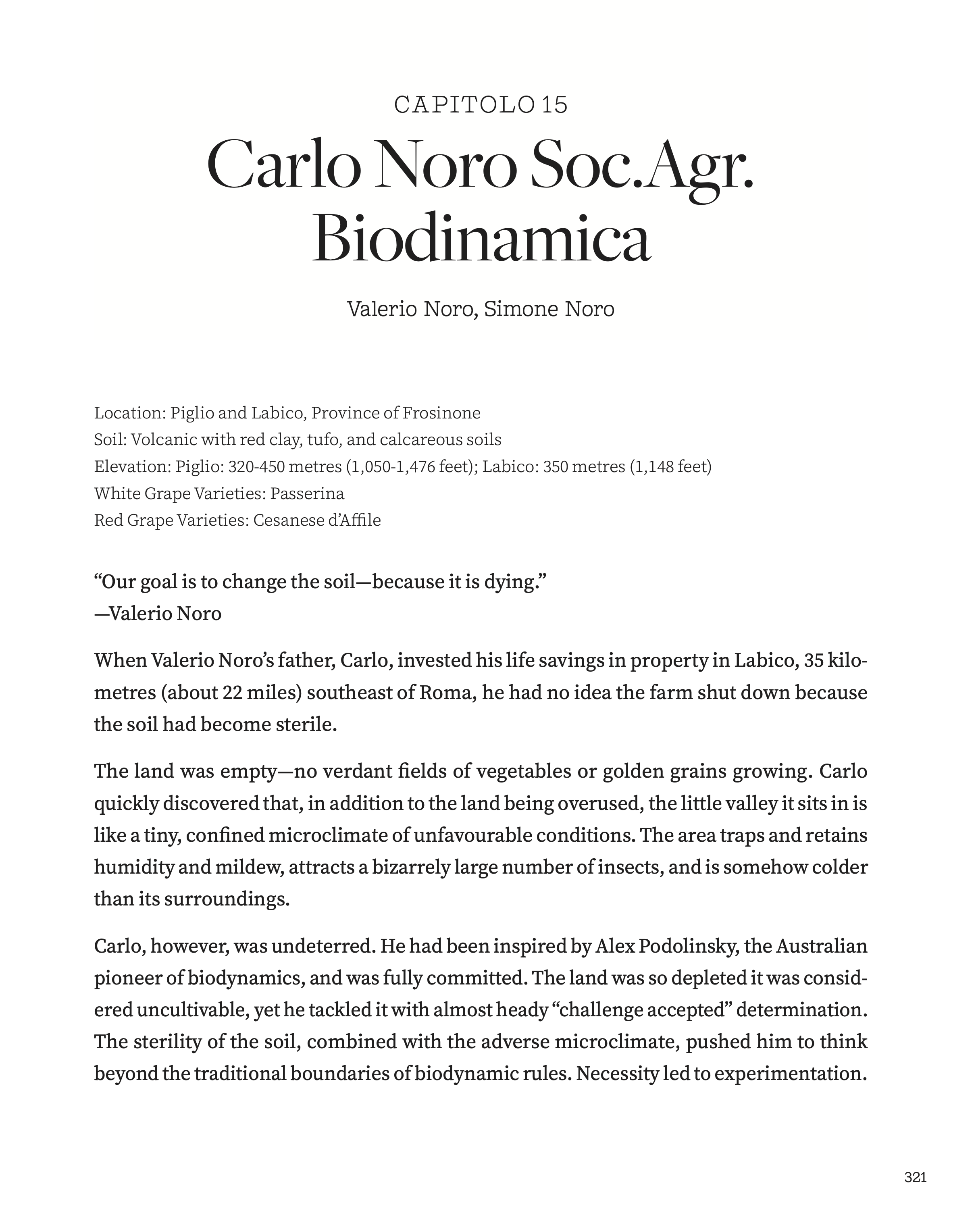 Opening page of the Carlo Noro Soc. Agr. Biodinamica chapter from Lazio Adesso: Winemakers Reviving Native Grapes and Roman Viticulture.