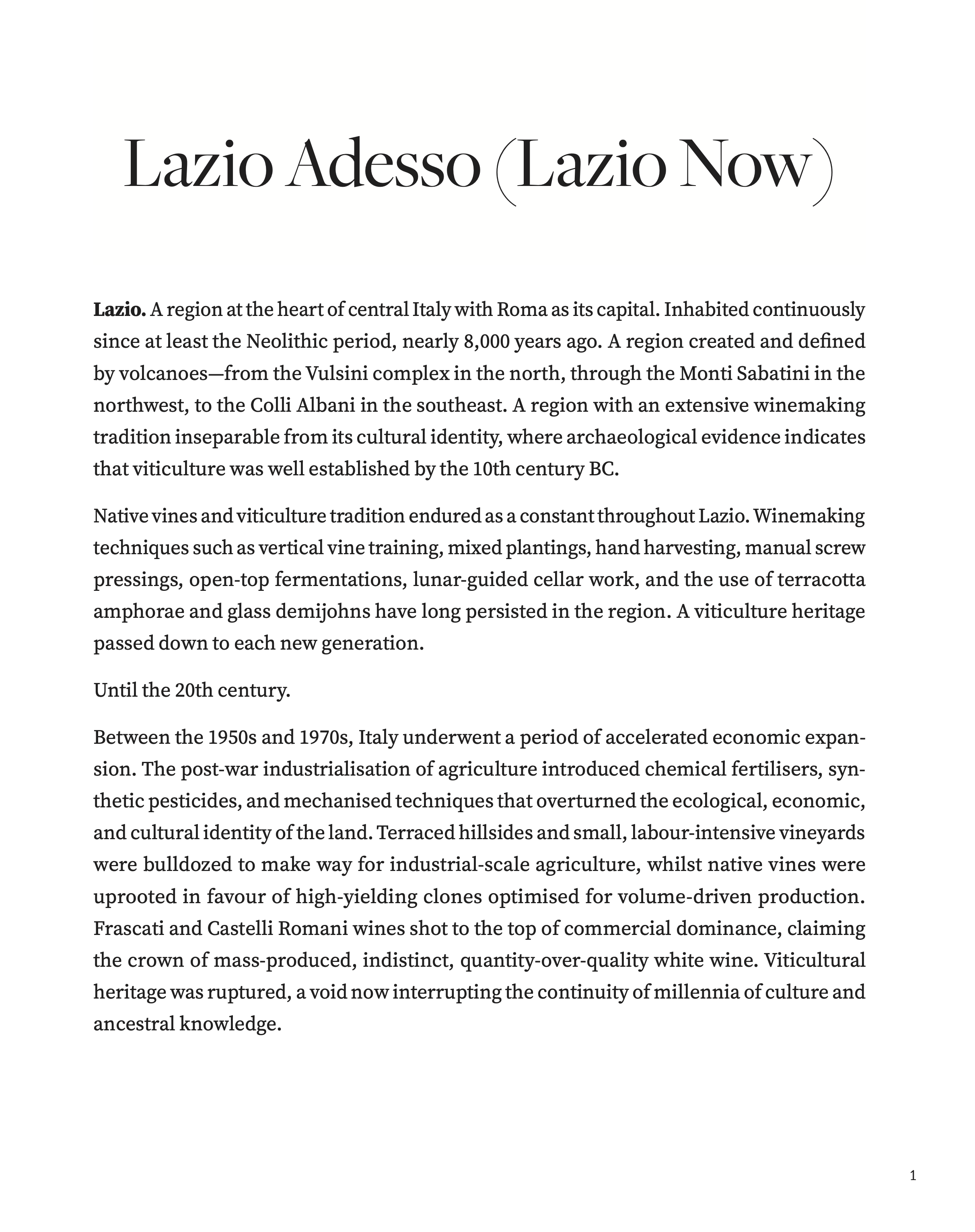 Opening page of the essay "Lazio Adesso (Lazio Now)" from Lazio Adesso: Winemakers Reviving Native Grapes and Roman Viticulture.