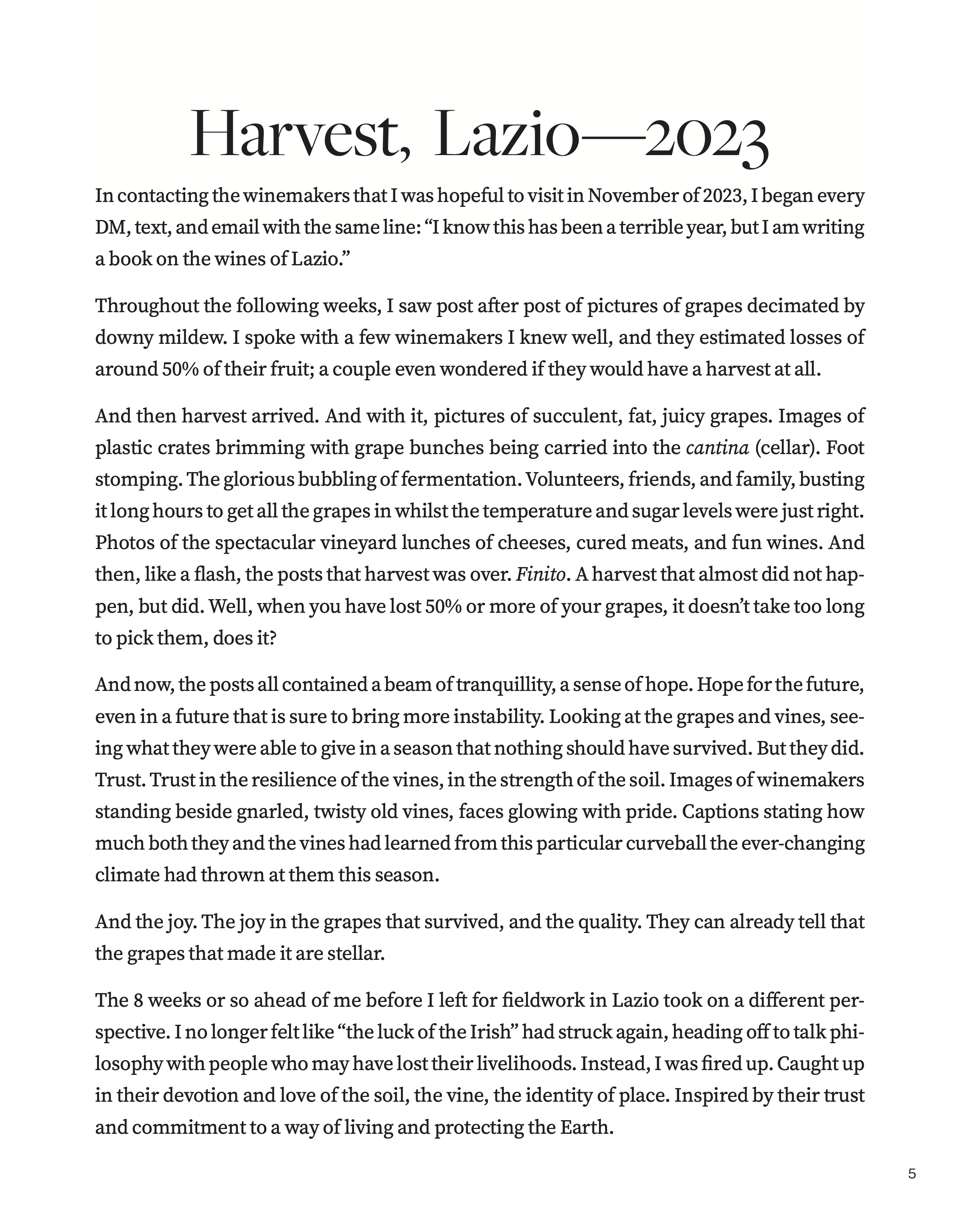 Opening pages of the essay "Harvest, Lazio—2023" from Lazio Adesso: Winemakers Reviving Native Grapes and Roman Viticulture.