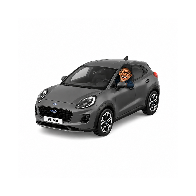 A blue toy car with a cartoon man smiling and sticking his head out of the driver side window.