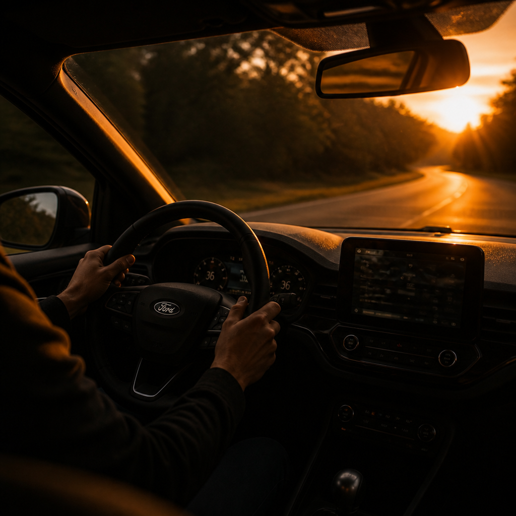 Inside a car at sunset, driver holding steering wheel with dashboard and GPS screen visible, sunlight shining through windshield.