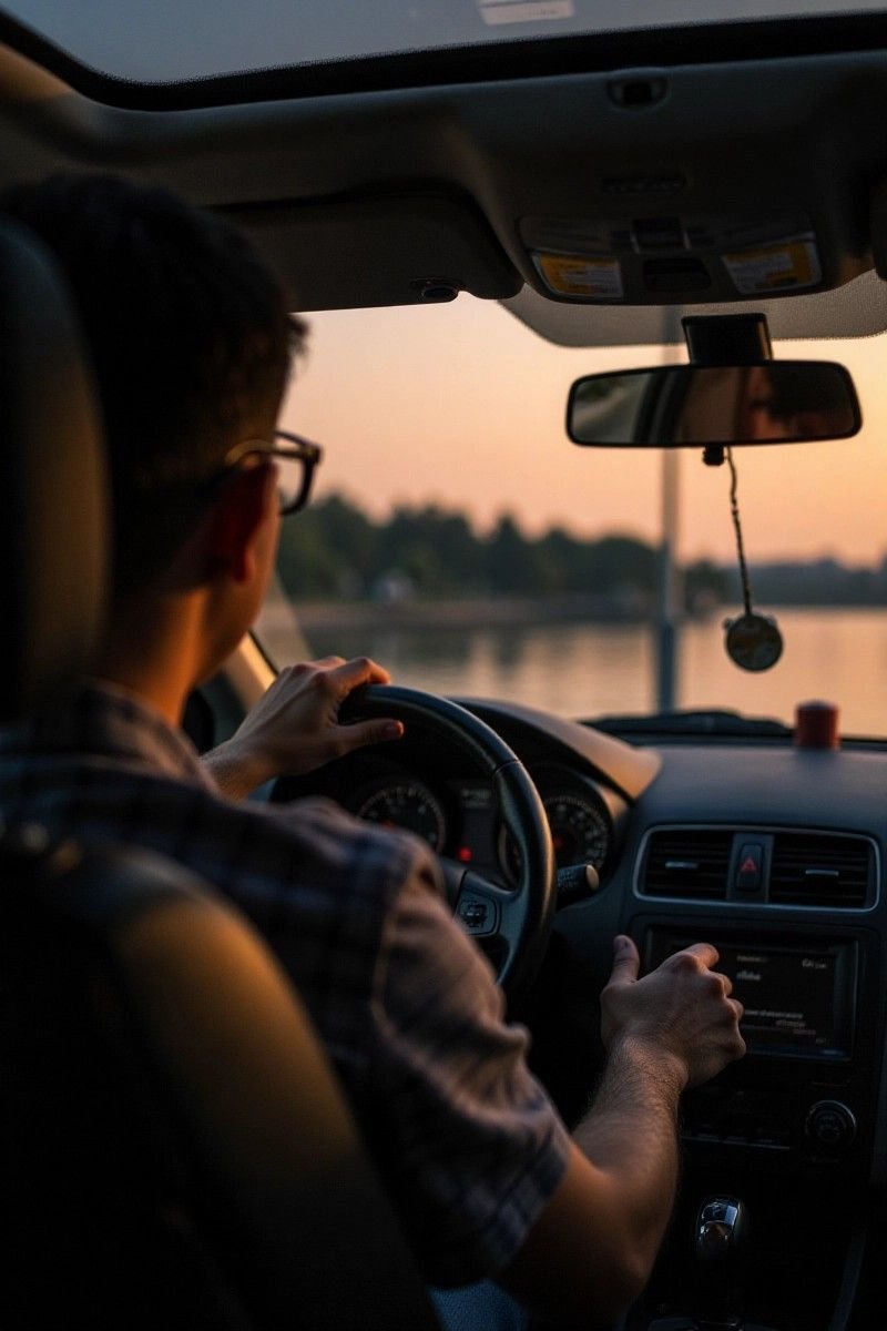 Person driving a car during sunset on a river road with trees in the background.