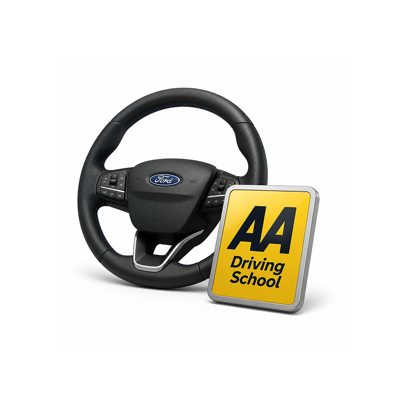 A promotional image of a Ford steering wheel with an AA Driving School sign in front of it.