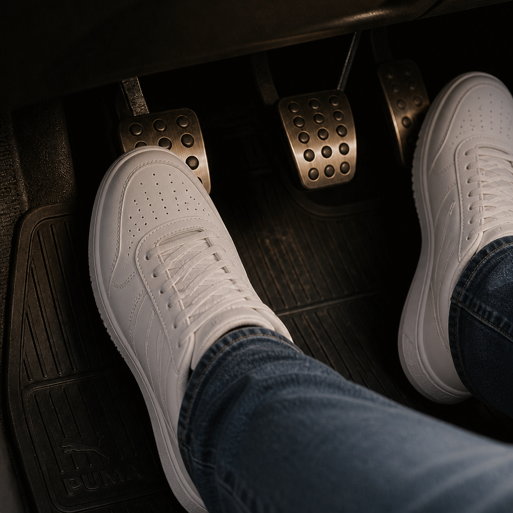 Close-up of a person's feet in white sneakers pressing the accelerator pedal in a car with two other pedals.