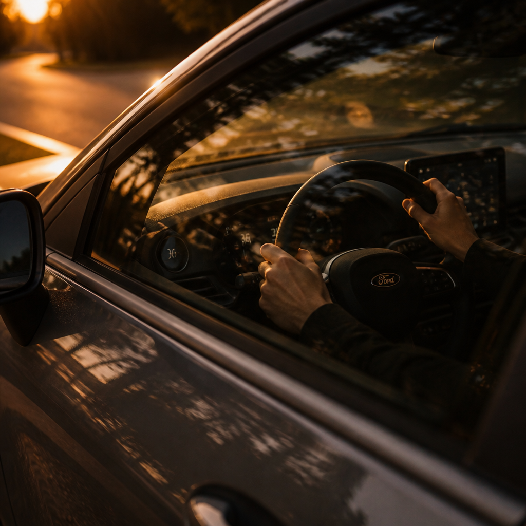 Close-up of a person driving a Ford vehicle during sunset, with the steering wheel and dashboard visible through the windshield.