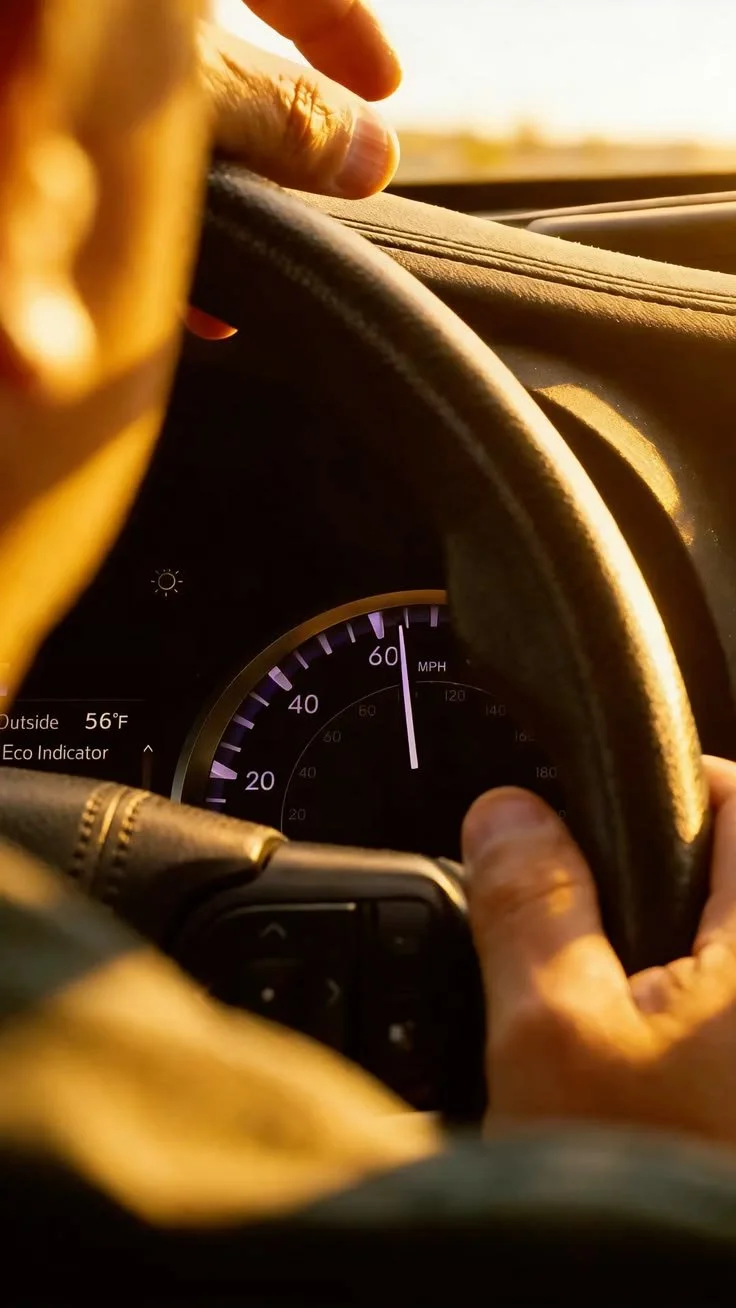 A person driving a car at sunset, holding the steering wheel, with the speedometer showing 60 MPH and a display indicating 56°F outside.