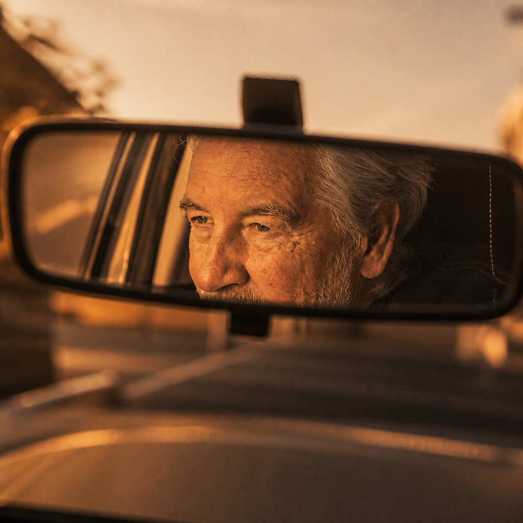 A close-up of an older man's face reflected in a car's rearview mirror during sunset.