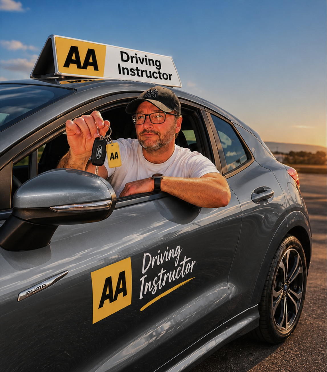 A man sitting in a gray car holding a set of car keys, with a sign reading "AA Driving Instructor" on top of the car. The man is wearing glasses, a baseball cap, and a white t-shirt, during sunset.