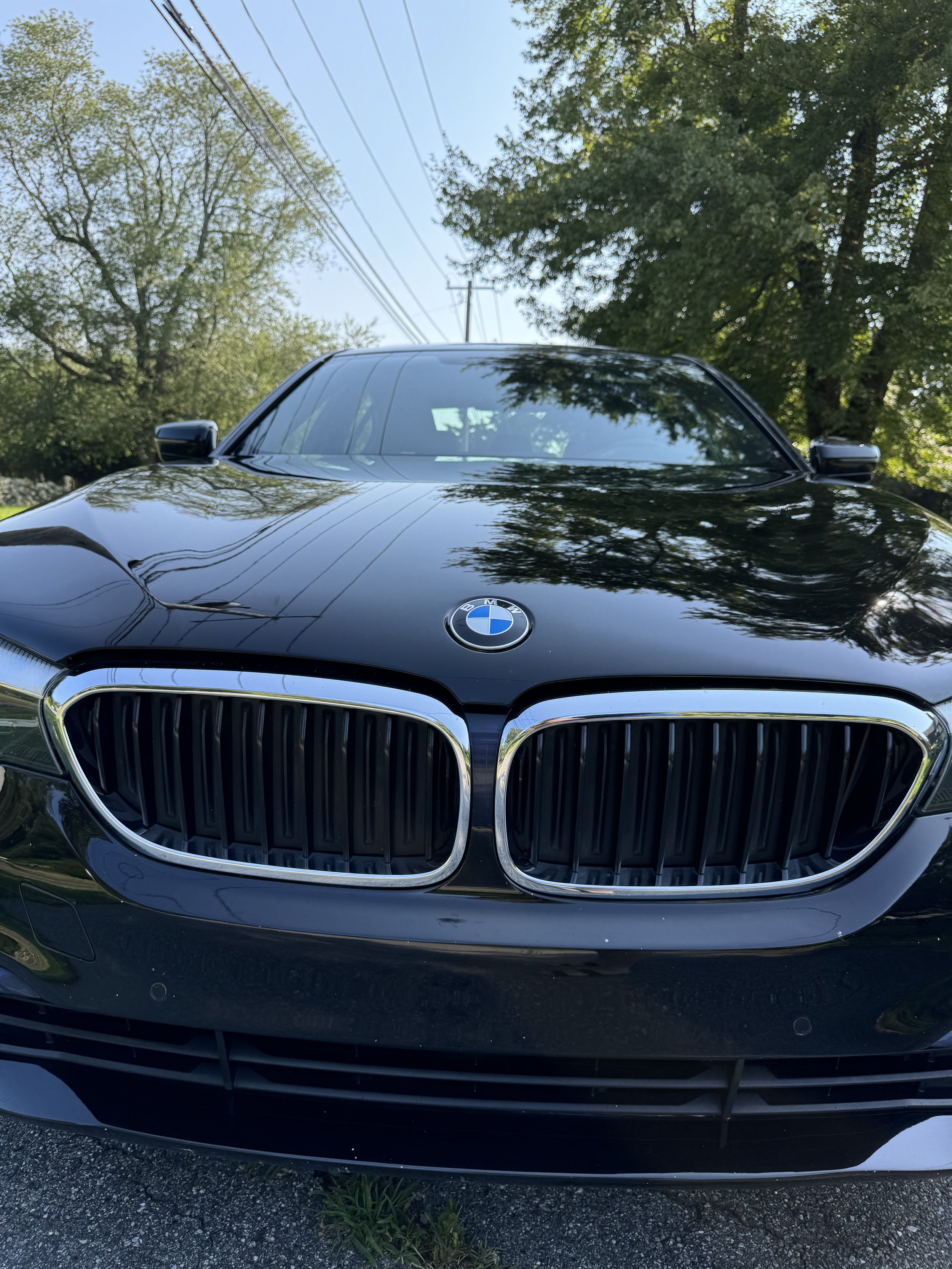 Front view of a black BMW car parked outdoors with trees, power lines, and a clear blue sky reflected on its hood and windshield.