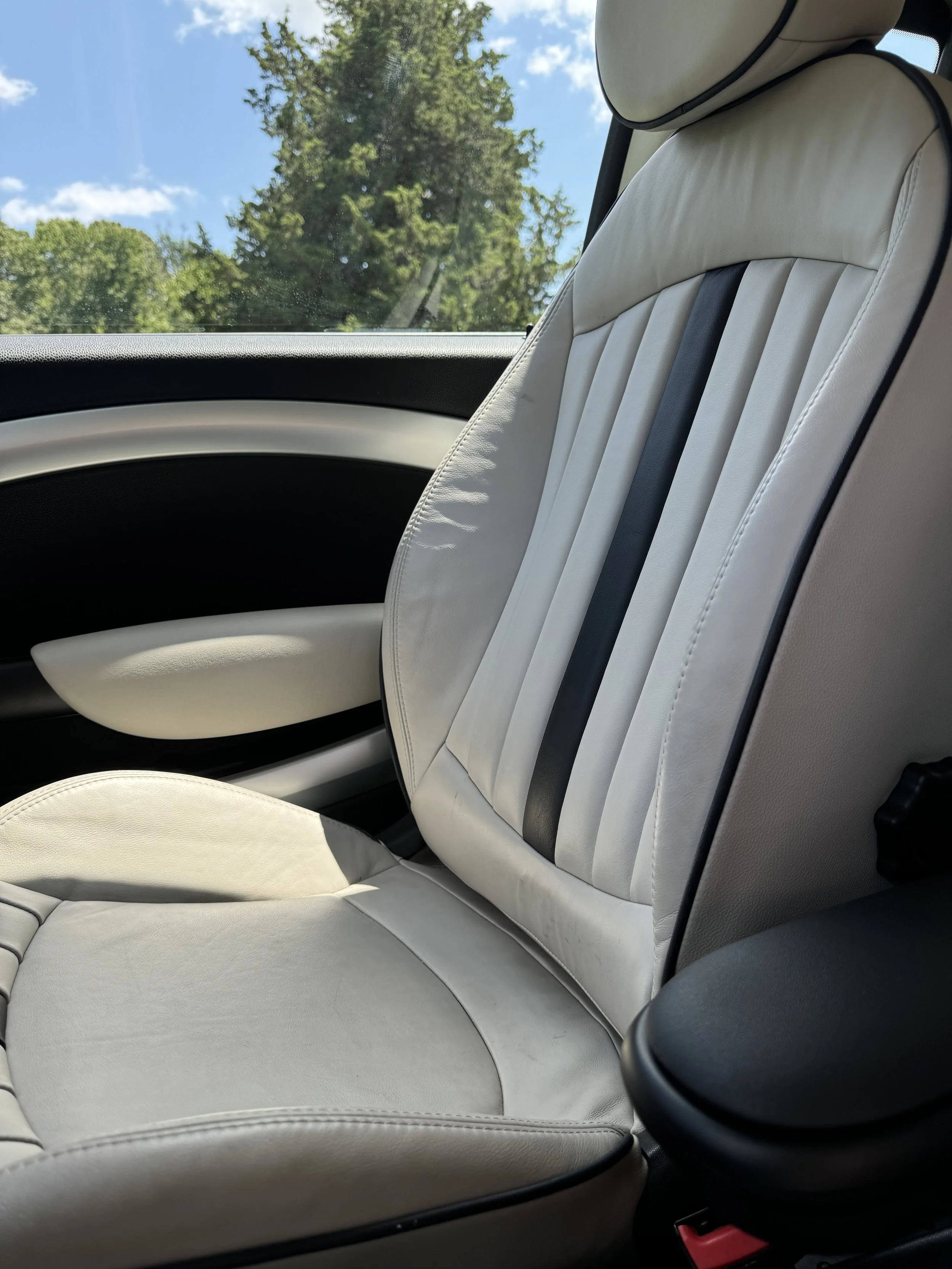 Inside view of a car's beige leather rear seat with a headrest, black seat belt, and black and beige door panel, through the window with a background of trees and blue sky.