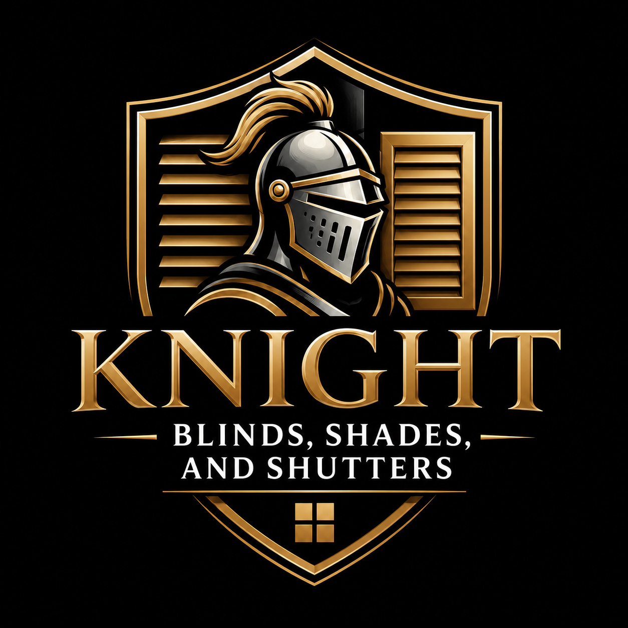 Gold and black logo of a knight in armor with a shield background, featuring the text 'KNIGHT BLINDS, SHADES, AND SHUTTERS'.