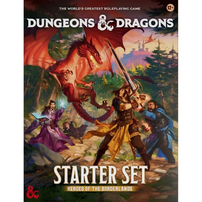 Cover art for Dungeons & Dragons Starter Set: Heroes of the Borderlands, featuring a red dragon flying above three adventurers armed for battle in a forest landscape.
