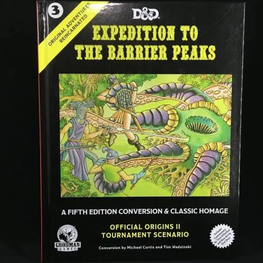 Board game box titled "D&D Expedition to the Barrier Peaks" with colorful fantasy artwork of adventurers fighting alien creatures in a jungle setting.