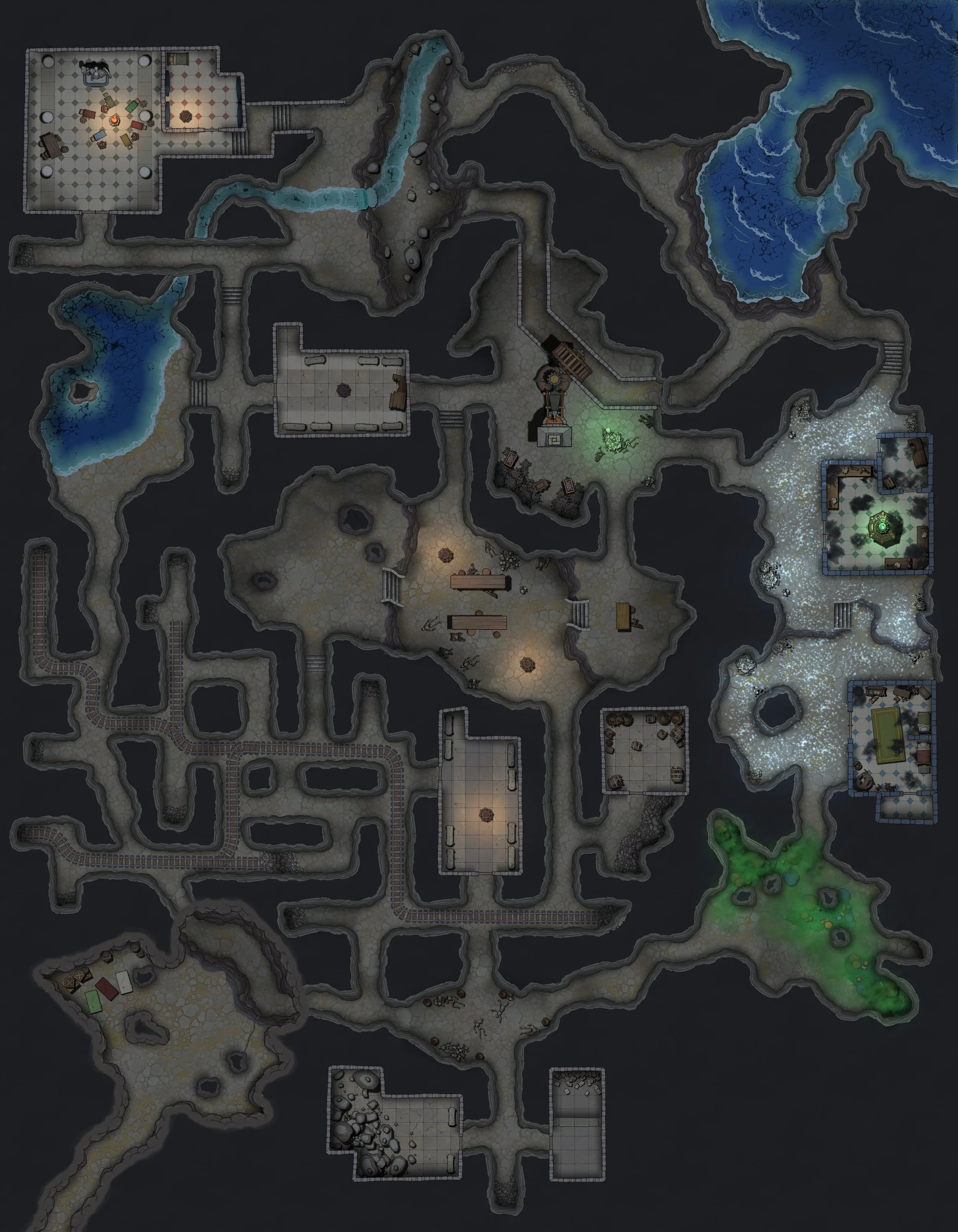 Top-down view of a complex cave system with interconnected tunnels, tunnels with water features, and various rooms including a laboratory, storage area, and a green-lit chamber, with different terrain and water bodies.