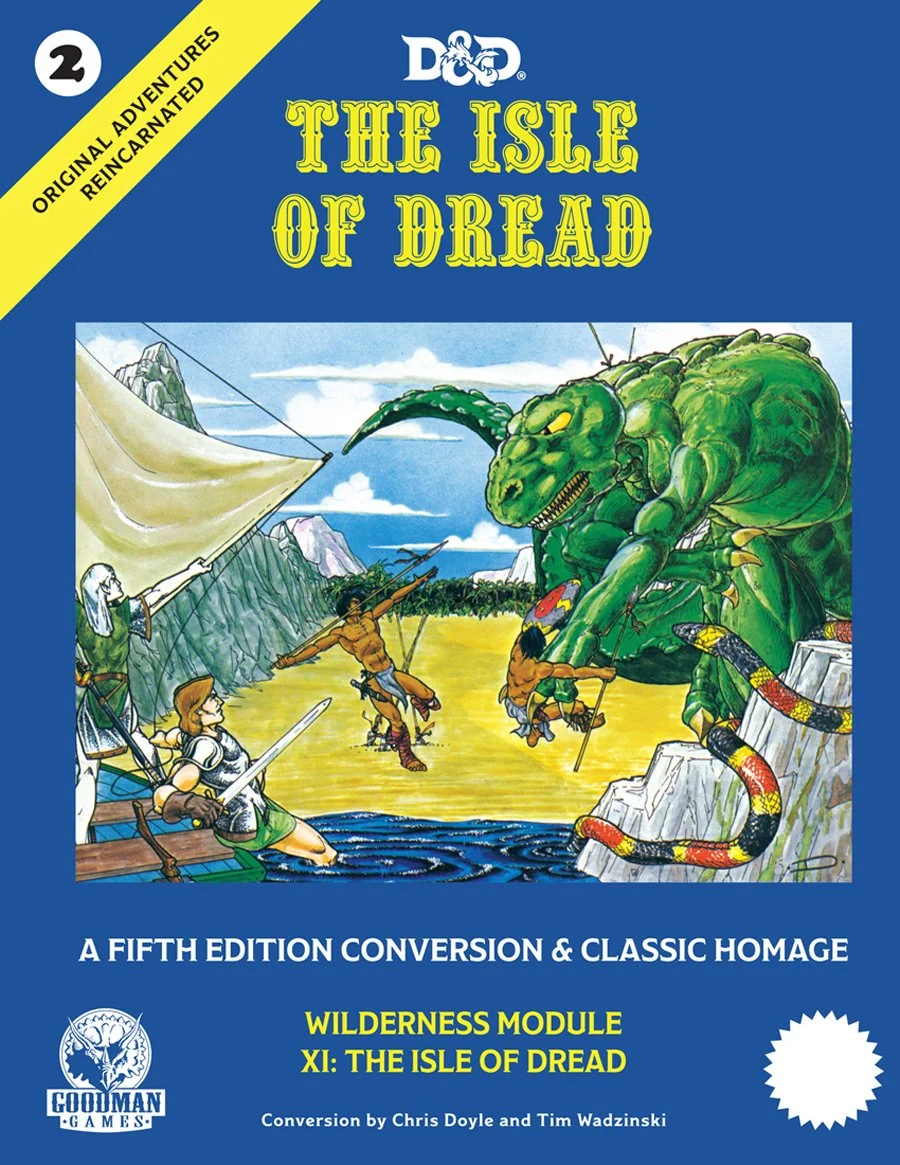 Cover of a fantasy adventure game module titled 'The Isle of Dread,' featuring a giant green dragon, a snake, and adventurers fighting a monster in a wilderness setting.