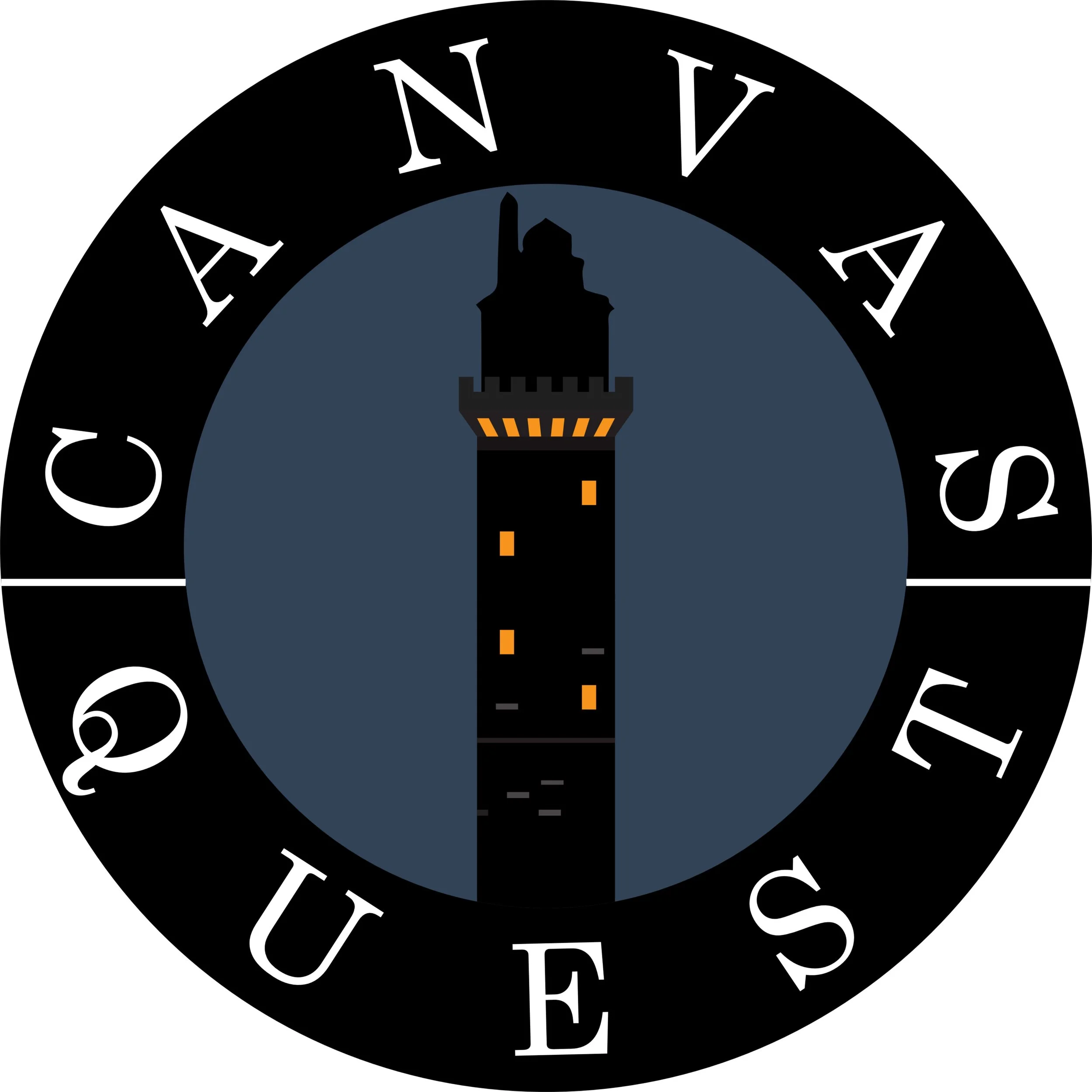 A circular clock face with the words 'Canvas Quest' around the edge. Inside, a dark silhouette of a tower or skyscraper is visible, with orange and gray indicators along a vertical line.