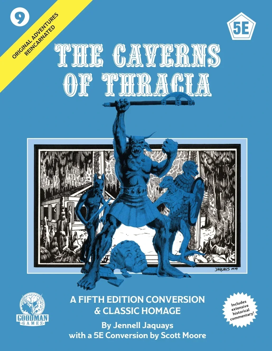 Cover of a book titled "The Caverns of Thraica," featuring a blue illustration of a muscular, horned beast holding a large spear, with a background of a cavern and a black-and-white scene of mythical creatures and caves.