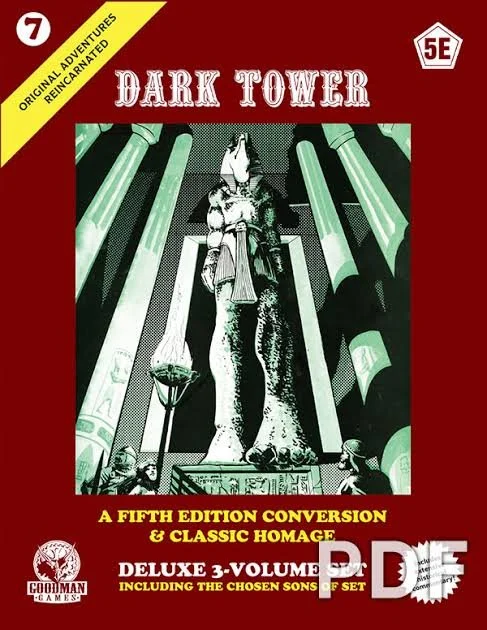 Cover of a Dark Tower book with a statue of a horse and a figure at the top, surrounded by columns. Red border and yellow banner at the top left corner. Text indicating it's the fifth edition.