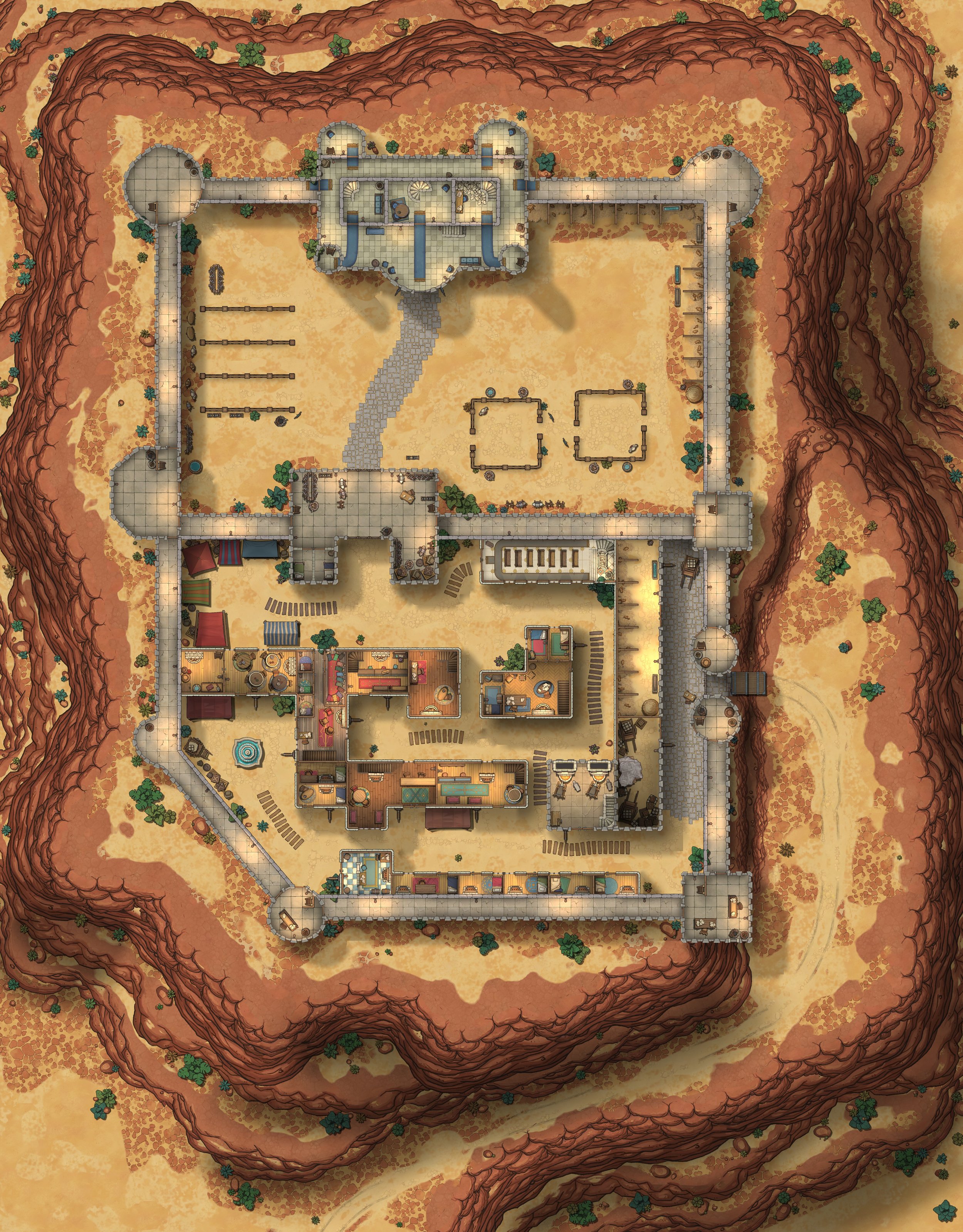A top-down view of a desert landscape with a large fortress surrounded by red rock cliffs. The fortress includes multiple buildings, a courtyard, and outdoor areas with furniture and decorations.