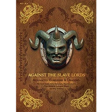 Book cover for 'Against the Slave Lords: Advanced Dungeons & Dragons,' featuring a menacing horned demon mask with multiple protruding horns and a fierce expression, set against a brown background with gold decorative elements.