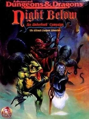 Cover art of Dungeons & Dragons Night Below campaign book showing fantasy monsters and characters against a dark background.